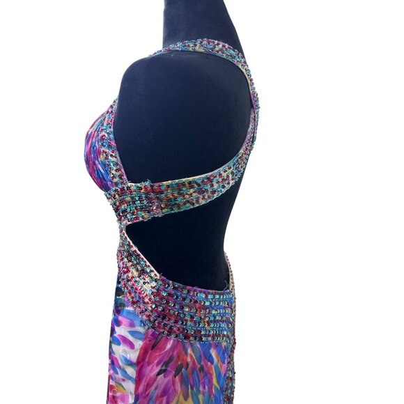 LaFemme Paris Sequin Prom Gown Women's 4 Flowy Silk Beaded Multicolor Open Sides - Picture 11 of 16